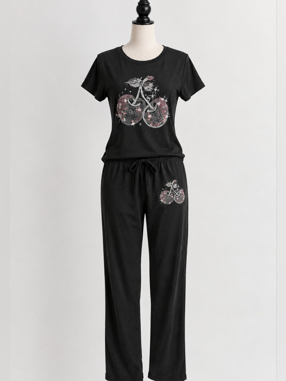 Black Pajama Set with Sparkle Cherry Graphic - Size M
